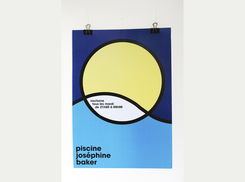 Visual identity of the Josephine Baker swimming pool in Paris. Factual posters in 3 pieces. Concept based on the limit of the surface of water and refraction, colors and forms changes in water. 